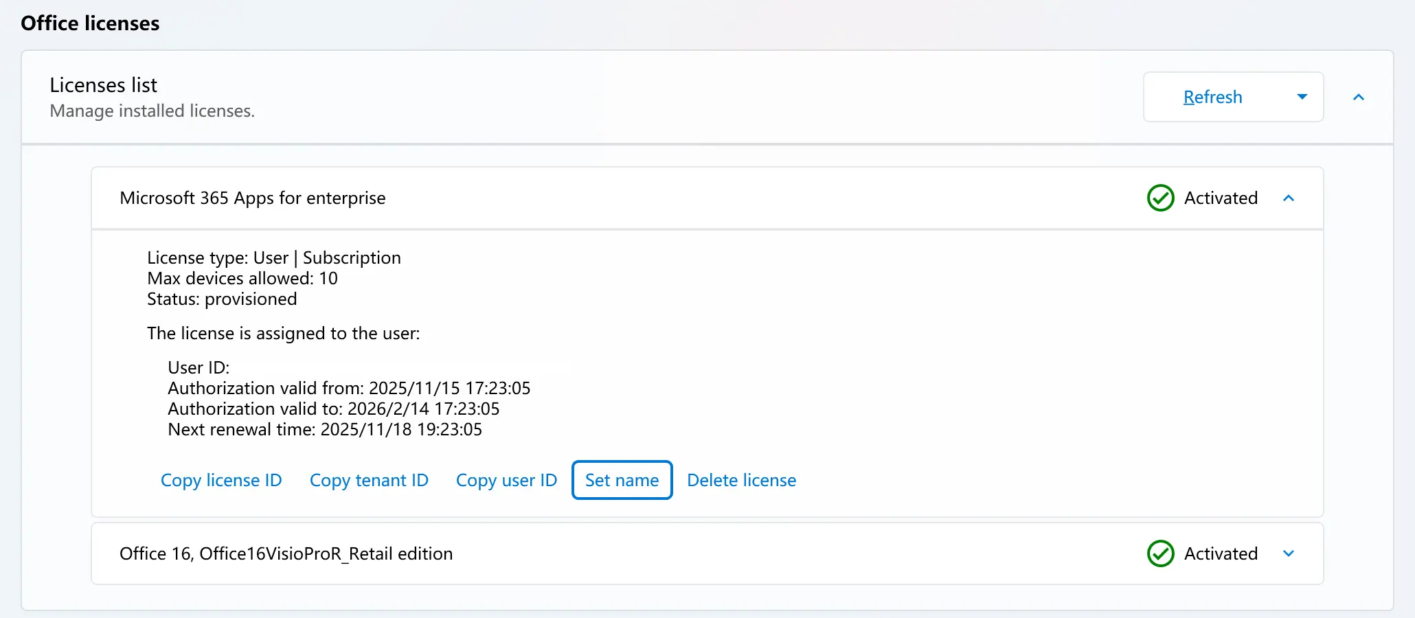 Set vNext license name